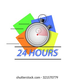 Stopwatch at full speed, with background colors and text at the bottom. Image in vector format