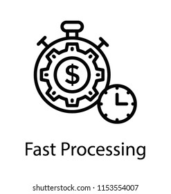 
A stopwatch with gear and dollar showing the timer, fast processing icon
