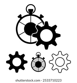 Stopwatch gear icons. Time management symbols. Black vector shapes. Mechanical process elements.