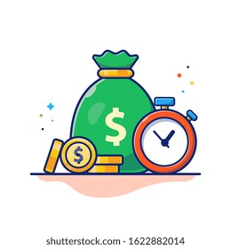 Stopwatch And Gold Coin Cartoon Vector Icon Illustration. Business Finance Icon Concept Isolated Premium Vector. Flat Cartoon Style