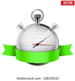 Stopwatch golf with ball inside and ribbon. Sport and training vector illustration. Isolated on white background.