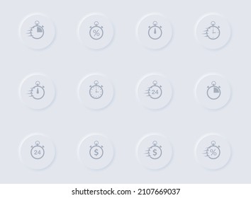 stopwatch gray vector icons on round rubber buttons. stopwatch icon set for web, mobile apps, ui design and promo business polygraphy
