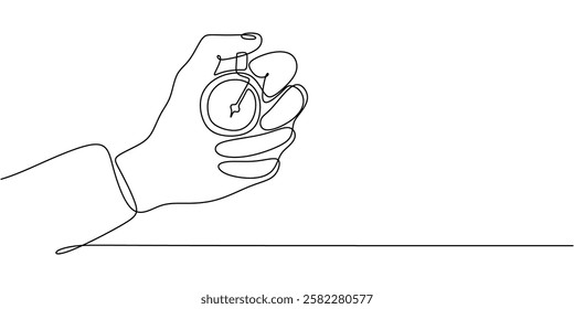 Stopwatch in hand in continuous one line drawing. Symbol of time management, racing, and countdown. Vector illustration hand drawn.