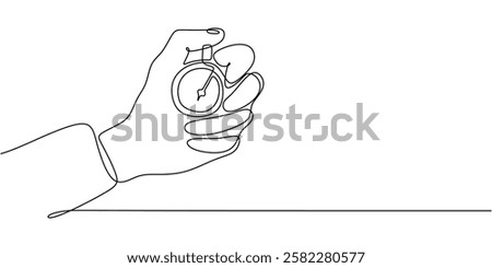 Stopwatch in hand in continuous one line drawing. Symbol of time management, racing, and countdown. Vector illustration hand drawn.
