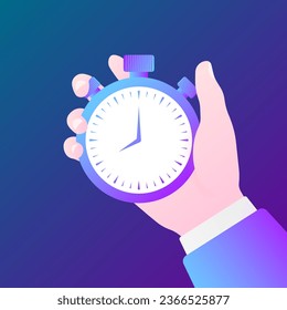 Deténganse de la mano. Plano, morado, cronómetro en la mano, icono de cronómetro. Icono de vector