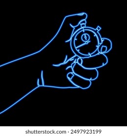 Stopwatch in hand. Glowing neon hand holding timer games, completions icon neon glow vector illustration concept