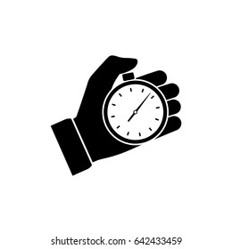 Stopwatch in hand, icon black isolated on white background. Vector illustration flat design. Sport timer on competitions. Trainer holding stopwatch. Start, finish. Time management.