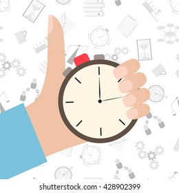 Stopwatch in hand icon. Flat style. The countdown clockwise. The leader of the company. Time management background.  Vector illustration.