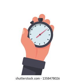 Stopwatch in hand, icon isolated on white background. Vector illustration flat design. Sport timer on competitions. Trainer holding stopwatch. Start, finish. Time management.