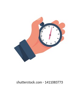 Stopwatch in hand, icon isolated on white background. Vector illustration flat design. Sport timer on competitions. Trainer holding stopwatch. Start, finish. Time management.