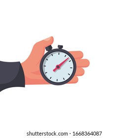 Stopwatch in hand, icon isolated on white background. Vector illustration cartoon flat design. Sport timer on competitions. Trainer holding stopwatch. Start, finish. Time management.