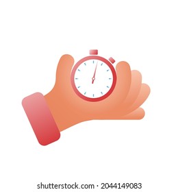 Detener el reloj en la mano, icono aislado en el fondo blanco. Diseño plano de ilustración vectorial. Temporizador deportivo en competiciones. Comenzar, terminar. Gestión del tiempo, control. Organización del proceso. Concepto de planificación.