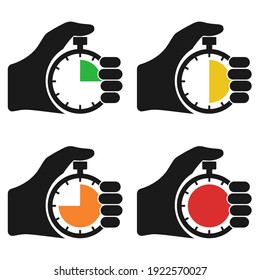 Stopwatch in hand, icon set black isolated on white background. Vector illustration flat design. Sport timer on competitions. Trainer holding stopwatch. Start, finish. Time management.