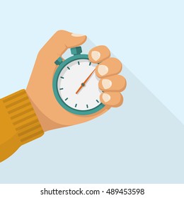 Stopwatch in hand icon. Sport timer on competitions. Trainer holding stopwatch. Start, finish. Time management. Vector illustration flat design. Isolated on background. - Shutterstock ID 489453598
