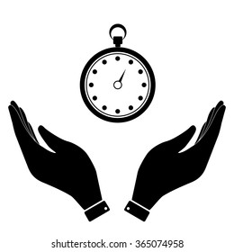 Stopwatch in hand icon,  time care symbol vector illustration. Flat design style.  Time management concept