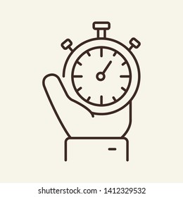 Stopwatch in hand line icon. Timer, watch, chronometer. Start concept. Vector illustration can be used for topics like startup, countdown, deadline, time