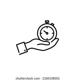 Stopwatch in hand linear style. Sport timer on competitions line icon. vector Illustration Trainer holding stopwatch