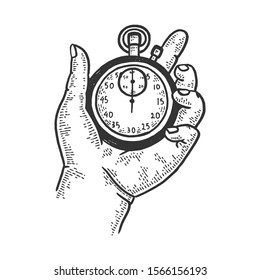 Stopwatch in hand sketch engraving vector illustration. T-shirt apparel print design. Scratch board style imitation. Black and white hand drawn image.