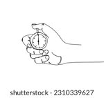 Stopwatch in hand, timer, clock one line art. Continuous line drawing of measurement, clock, counting, measure, watch, equipment, time, accuracy, alarm, interval, speed, counter
