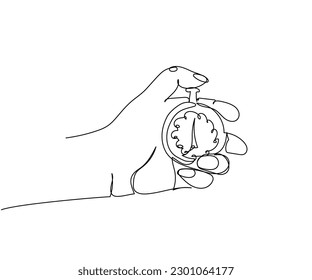 Stopwatch in hand, timer, clock one line art. Continuous line drawing of measurement, clock, counting, measure, watch, equipment, time, accuracy, alarm, interval, speed, counter
