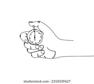 Stopwatch in hand, timer, clock one line art. Continuous line drawing of measurement, clock, counting, measure, watch, equipment, time, accuracy, alarm, interval, speed, counter