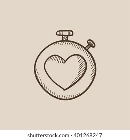 Stopwatch with heart sign sketch icon.