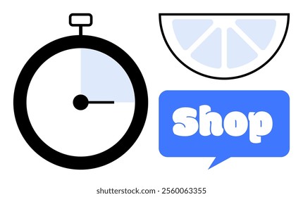 Stopwatch with a highlighted section, a lemon slice, and a speech bubble with Shop. Ideal for time management, business marketing, freshness, e-commerce, and shopping themes. Simple vector style