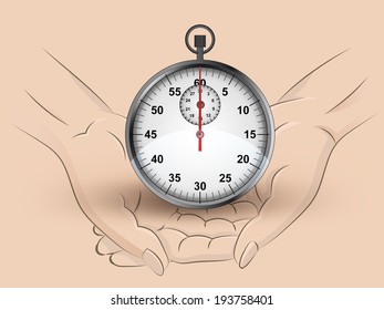 stopwatch hold two human hands across vector illustration