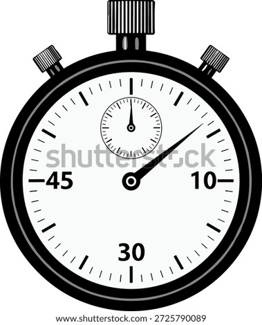 Stopwatch icon with 10, 30, 45 second markers, 12-second hand, sub-dial, and top buttons for precise time measurement, sports, experiments