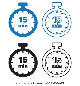 Stopwatch icon. 15 min timer. Stopwatch icon set. solid and line icon style.