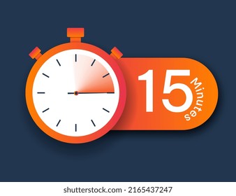 Icono de Stopwatch 15 minutos. Gestión del tiempo y fijación de plazos. Aplicaciones y programas para empleados trabajadores y eficientes. Tecnologías modernas y mundo digital. Dibujo vectorial plano de dibujos animados