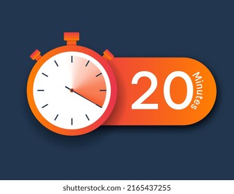 Icono de Stopwatch 20 minutos. Gestión del tiempo y fijación de plazos. Empleados trabajadores, liderazgo y motivación. Elementos gráficos para desarrollar programas y aplicaciones. Dibujo vectorial plano de dibujos animados