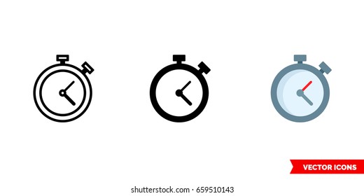 Stopwatch icon of 3 types: color, black and white, outline. Isolated vector sign symbol.