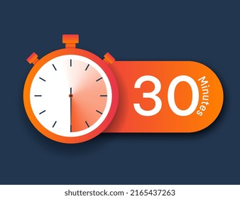 Stopwatch icon 30 minutes. Time management and setting deadlines. Timestamp, fast delivery. Efficient workflow, leadership and motivation, app notifications. Cartoon flat vector illustration