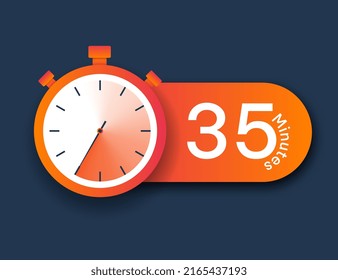 Stopwatch icon 35 minutes. Time management and setting deadlines. Timer and modern applications and programs for active and hardworking employees and entrepreneurs. Cartoon flat vector illustration