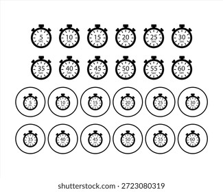 Icono de cronómetro. 5, 10, 15, 20, 25, 30, 35, 40, 45, 50, 55, 60 segundo temporizador, Ilustración vectorial de un cronómetro