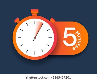 Stopwatch icon 5 minutes. Timer for setting deadlines, managing time and building efficient workflow. Applications and programs for hardworking employees, motivation. Cartoon flat vector illustration