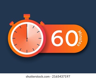 Stopwatch icon 60 minutes. Time management and setting deadlines. Motivation and leadership, interface element for developing programs and apps for efficient workflow. Cartoon flat vector illustration
