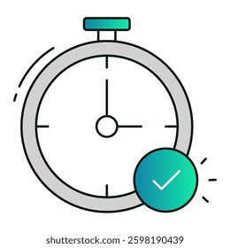 Stopwatch icon with a checkmark representing time management, deadline achievement, and task completion validation, editable stroke
