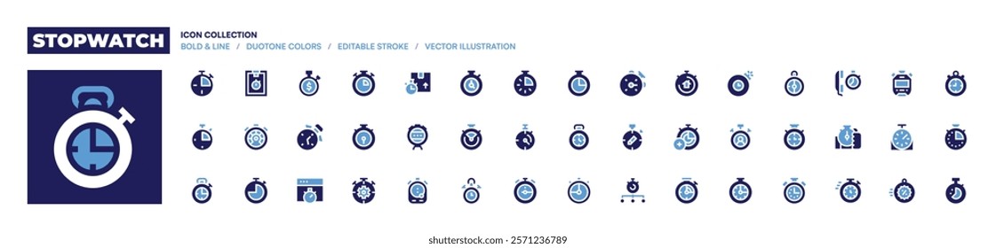 Stopwatch icon collection. Bold style. Duotone colors. stopwatch, productivity, deadline, chronometer, performance, clipboard, timer.