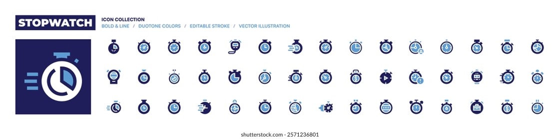 Stopwatch icon collection. Bold style. Duotone colors. stopwatch, chronometer, timer, time.