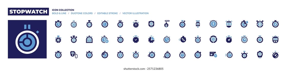 Stopwatch icon collection. Bold style. Duotone colors. stopwatch, velocity, time, timer, performance.