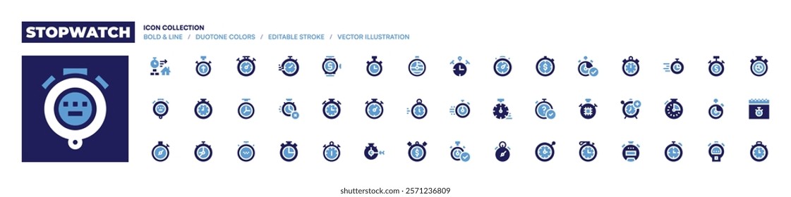 Stopwatch icon collection. Bold style. Duotone colors. stopwatch, process, chronometer, timer, clock, norush.