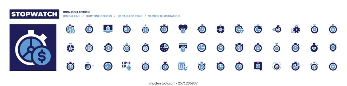 Stopwatch icon collection. Bold style. Duotone colors. stopwatch, chronometer, clock, bitcoin, threequarters, limited, comingsoon, timeismoney, cookingtime.