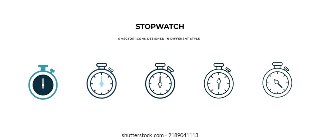 stopwatch icon in different style vector illustration. two colored and black stopwatch vector icons designed in filled, outline, line and stroke style can be used for web, mobile, ui.
