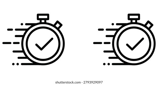 Stopwatch icon featuring motion blur lines and check mark symbol representing speed efficiency and fast completion