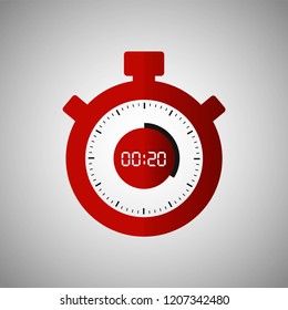 Stopwatch icon in flat style, red timer on gray background. Sport clock. Vector design element for you project. Stopwatch 20 seconds. Vector illustration EPS 10.