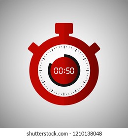 Stopwatch icon in flat style, red timer on gray background. Sport clock. Vector design element for you project. Stopwatch 50 seconds. Vector illustration EPS 10.