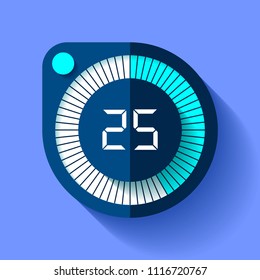 Stopwatch icon in flat style, round timer on color background. Sport clock. 25 seconds. Vector design element for you business project