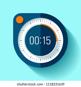 Stopwatch icon in flat style, round timer on color background. 15 seconds. Sport clock. Vector design element for you business project